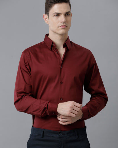 Short Collar Satin Stretch Maroon Solid Shirt