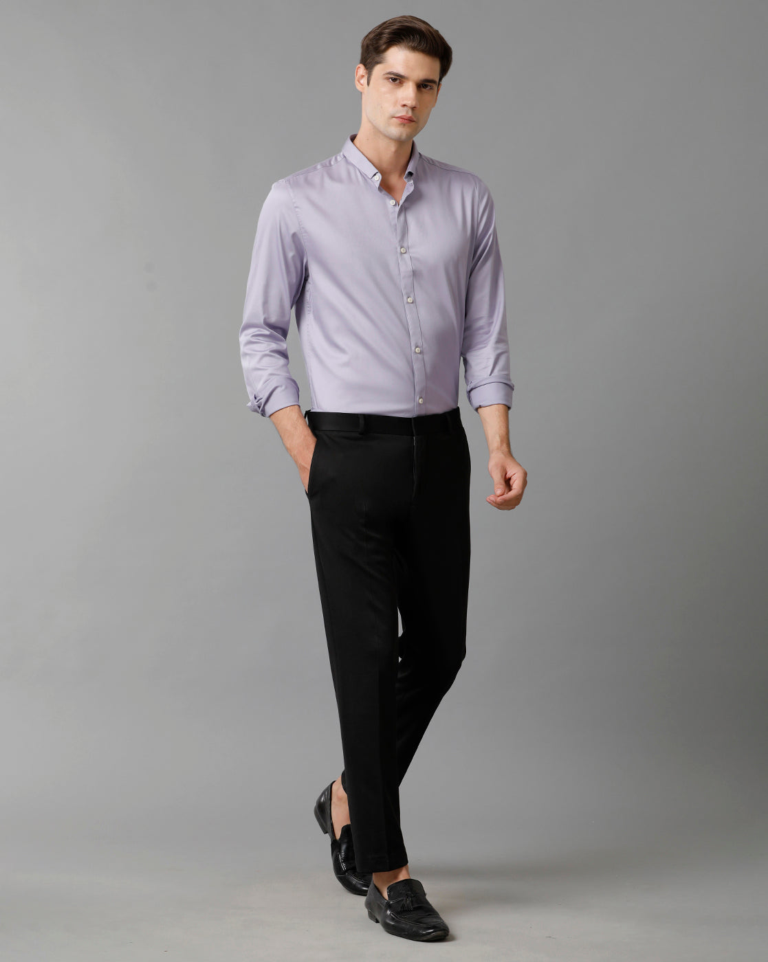 Short Collar Satin Stretch Lavender Solid Shirt