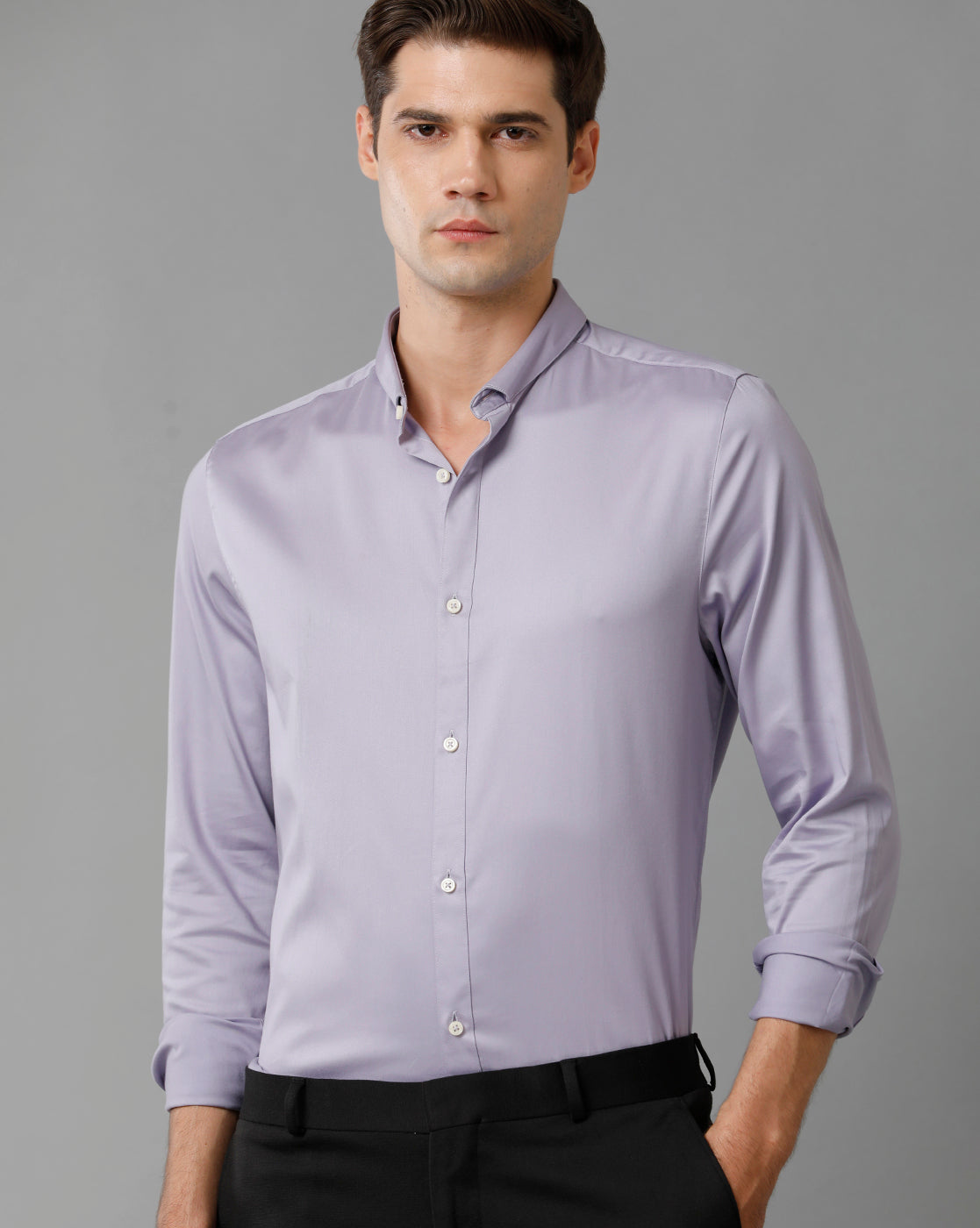 Short Collar Satin Stretch Lavender Solid Shirt