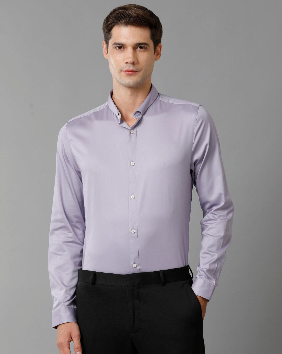 Short Collar Satin Stretch Lavender Solid Shirt