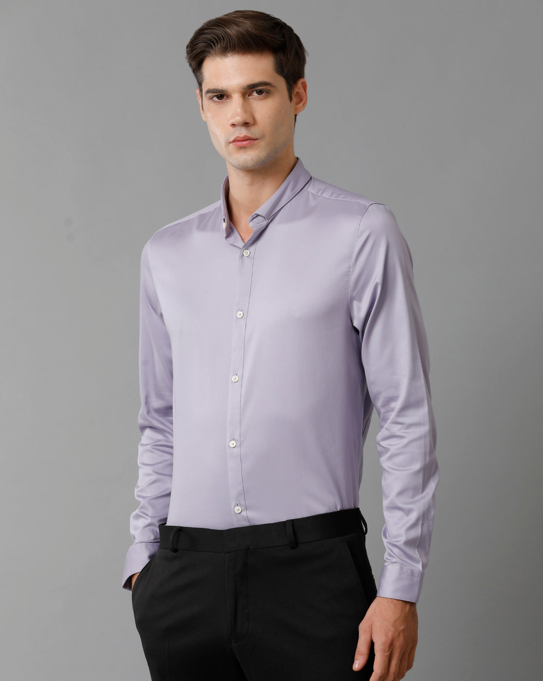 Short Collar Satin Stretch Lavender Solid Shirt