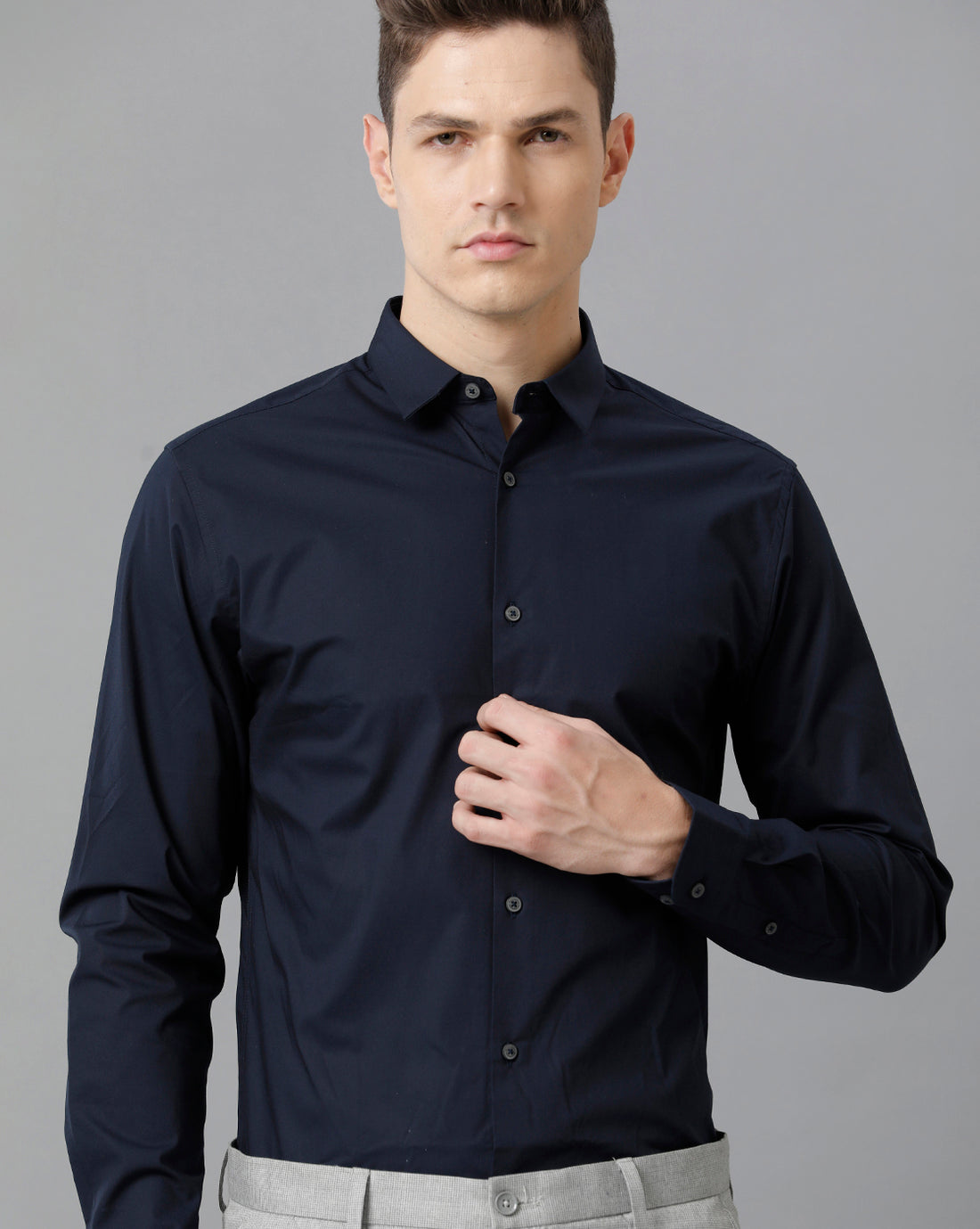 Short Collar Satin Stretch Navy Solid Shirt