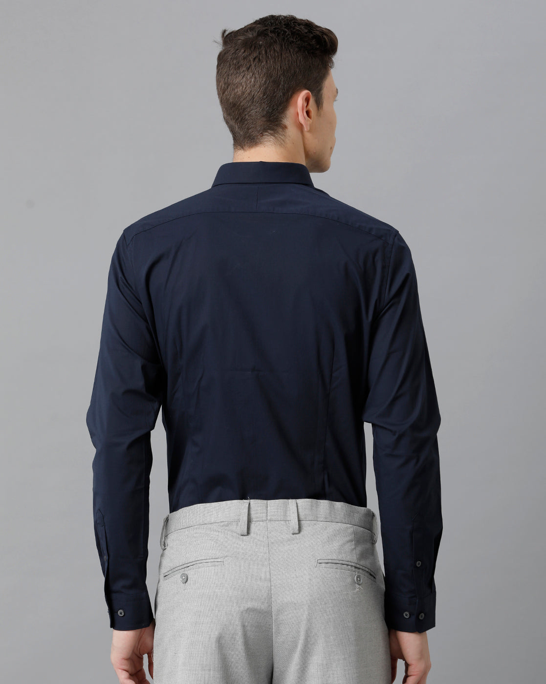 Short Collar Satin Stretch Navy Solid Shirt