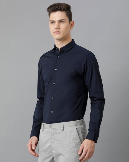 Short Collar Satin Stretch Navy Solid Shirt