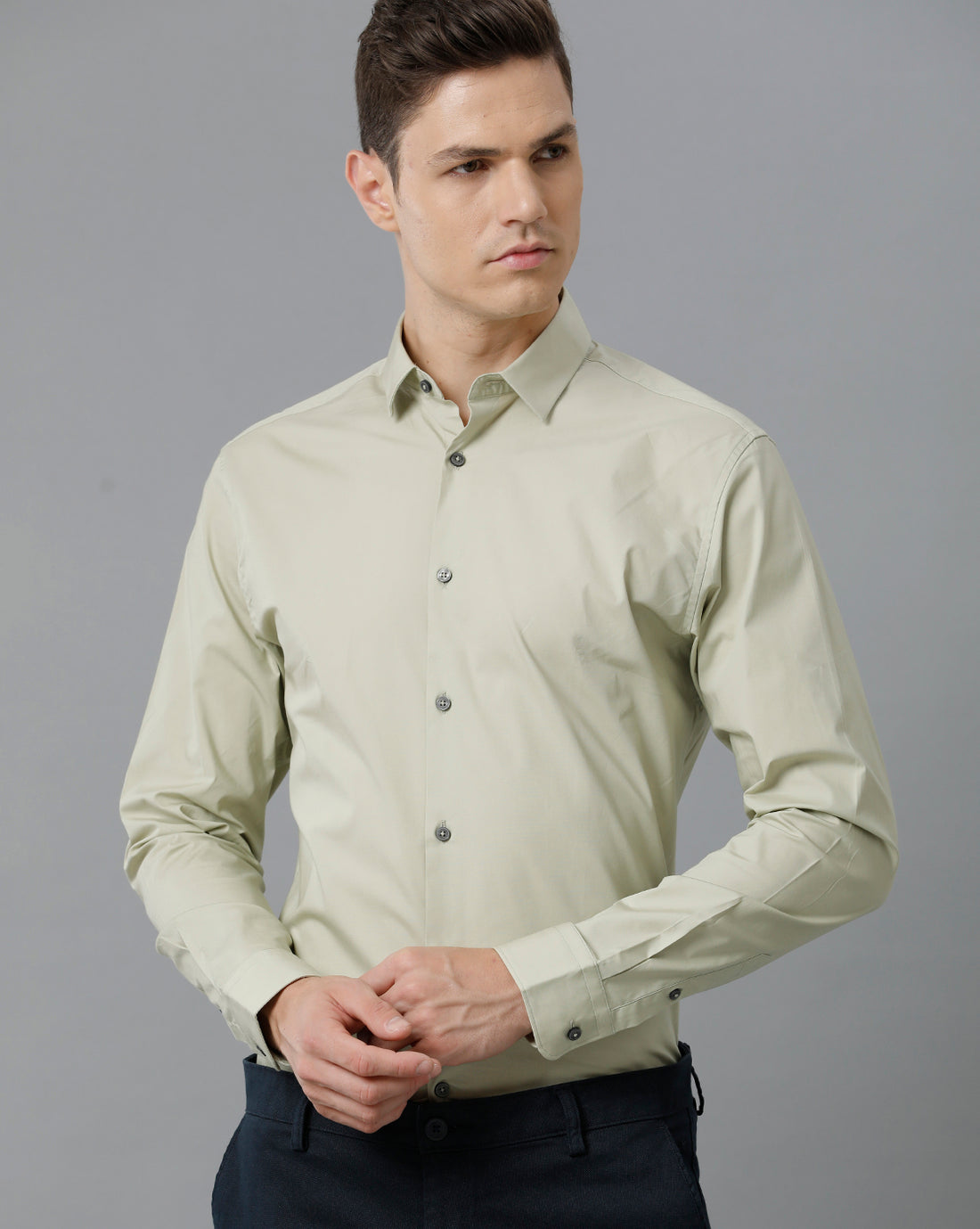 Short Collar Satin Stretch Moss Grey Solid Shirt