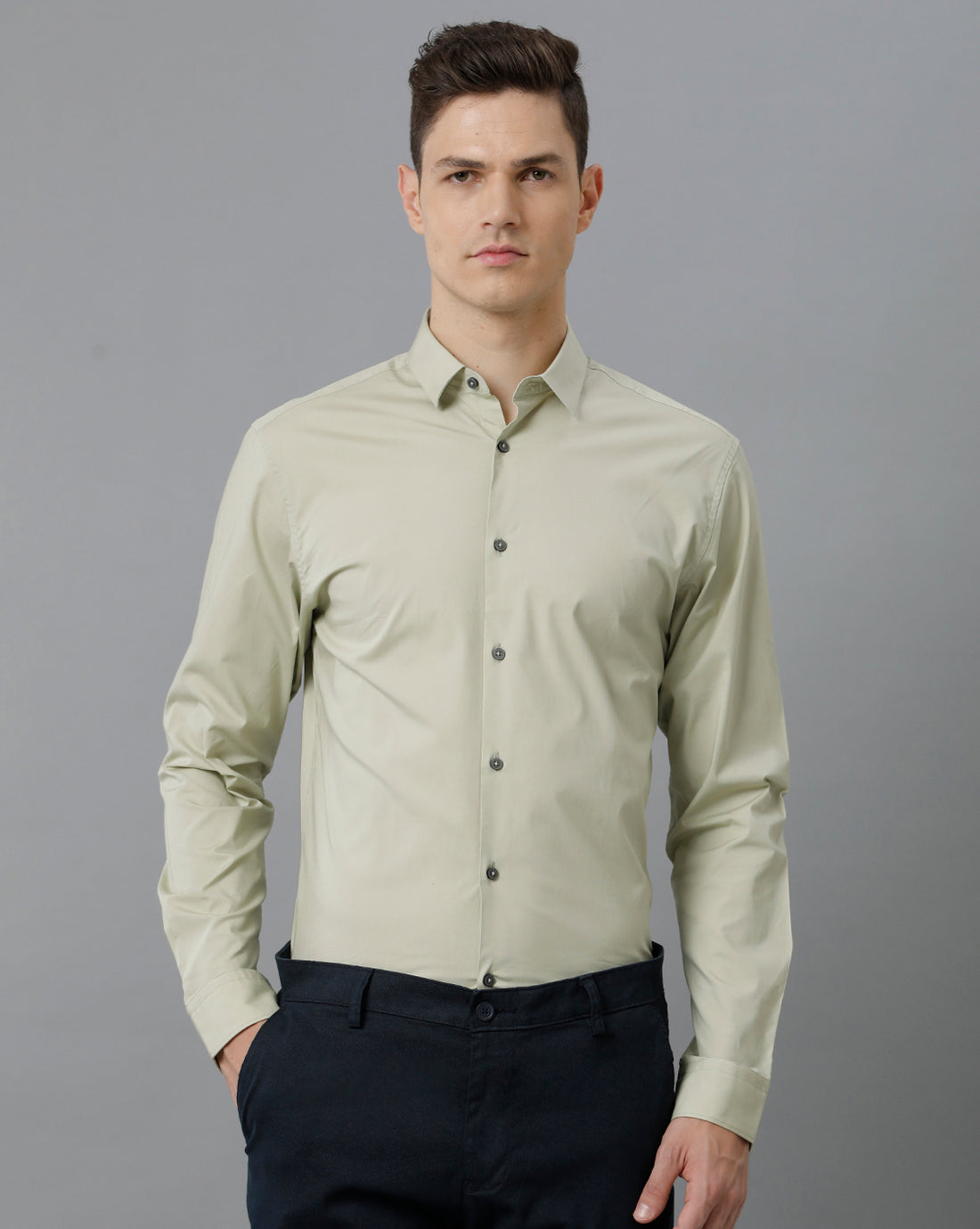 Short Collar Satin Stretch Moss Grey Solid Shirt