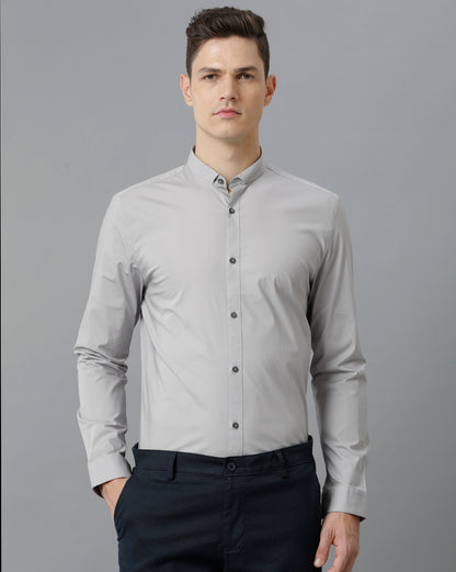 Short Collar Satin Stretch Silver Scones Solid Shirt