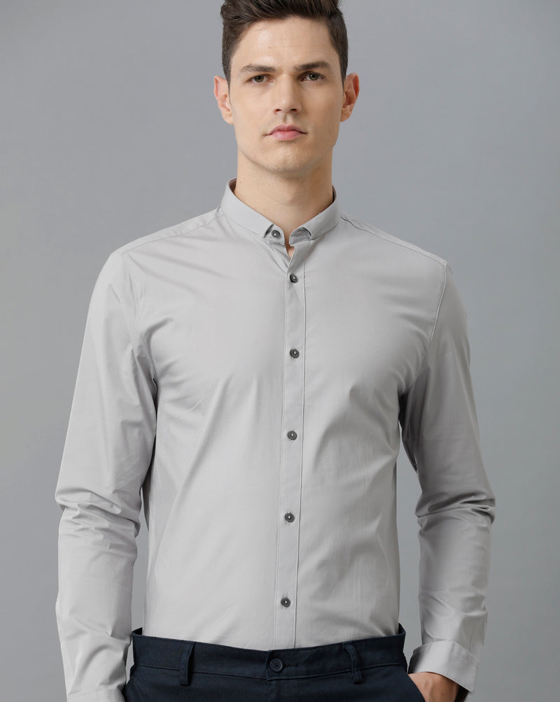 Short Collar Satin Stretch Silver Scones Solid Shirt