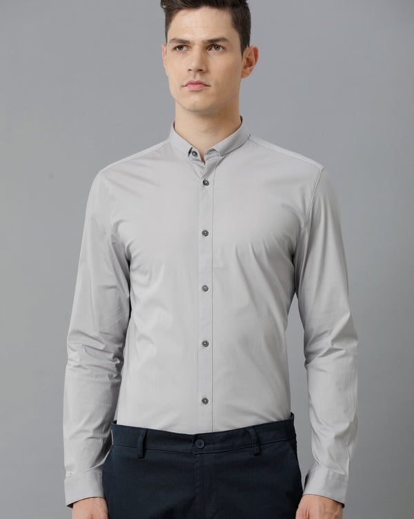 Short Collar Satin Stretch Silver Scones Solid Shirt