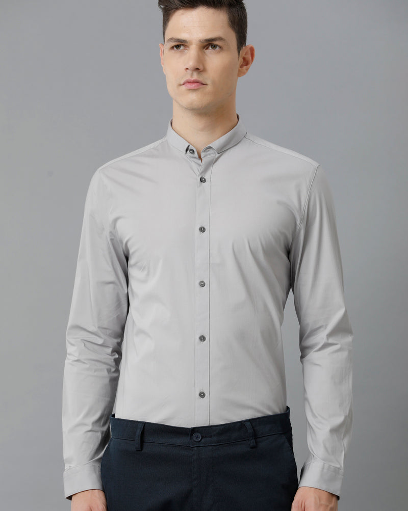 Short Collar Satin Stretch Silver Scones Solid Shirt