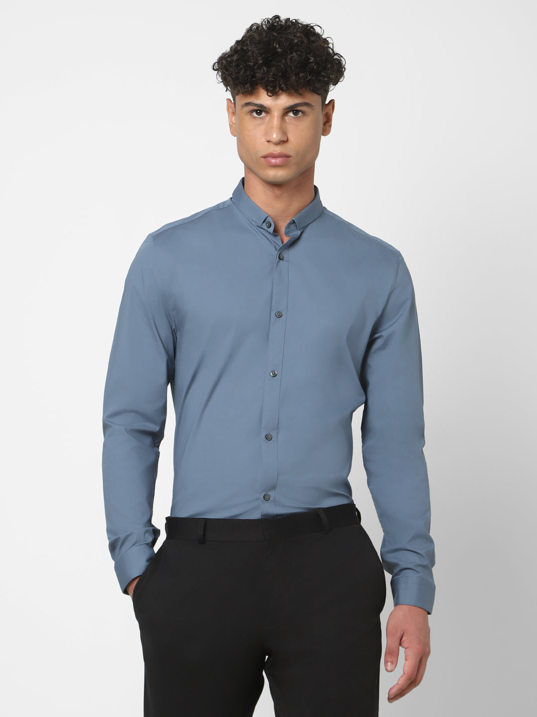 Short Collar Satin Stretch Solid Shirt