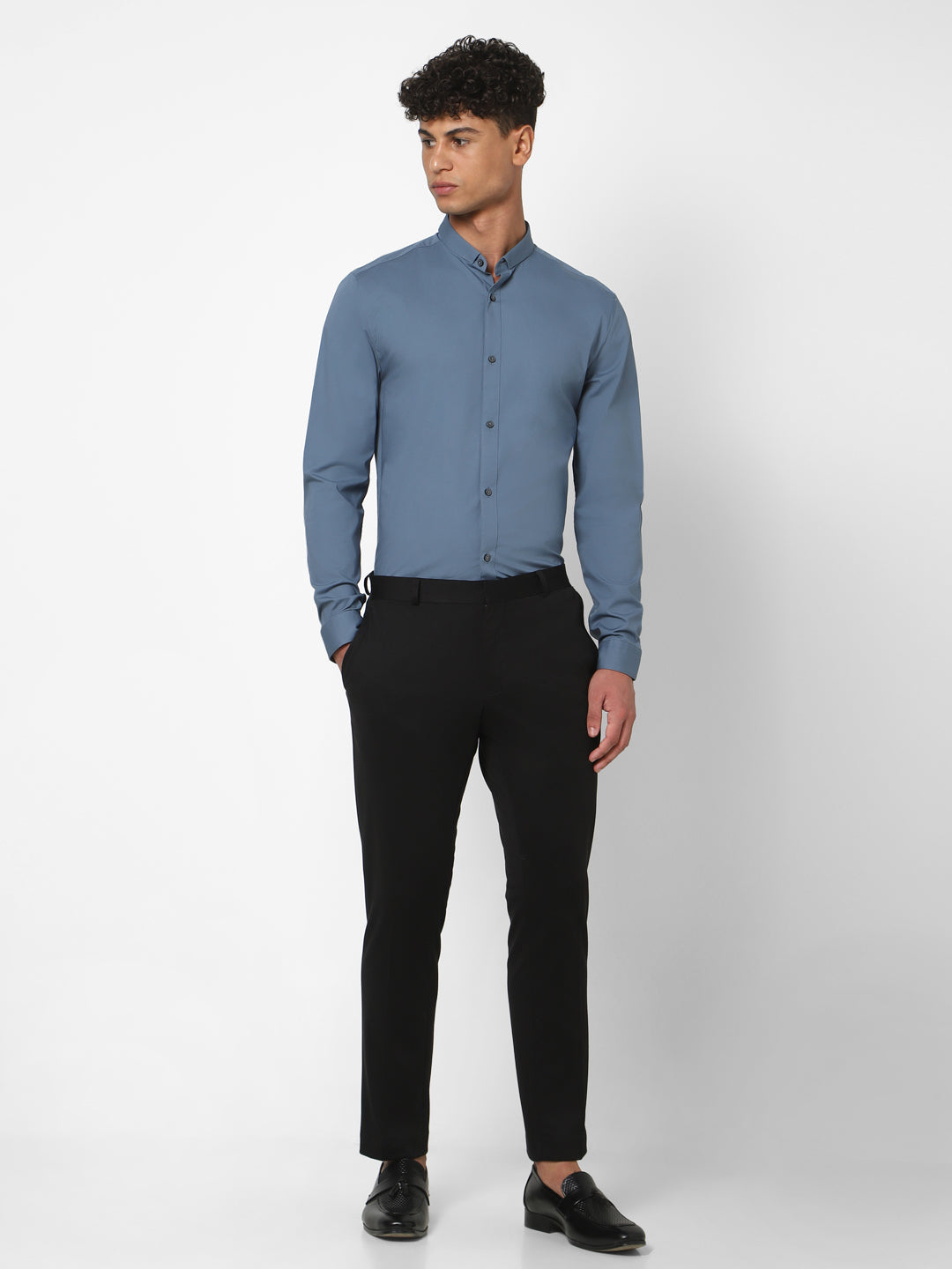 Short Collar Satin Stretch Solid Shirt