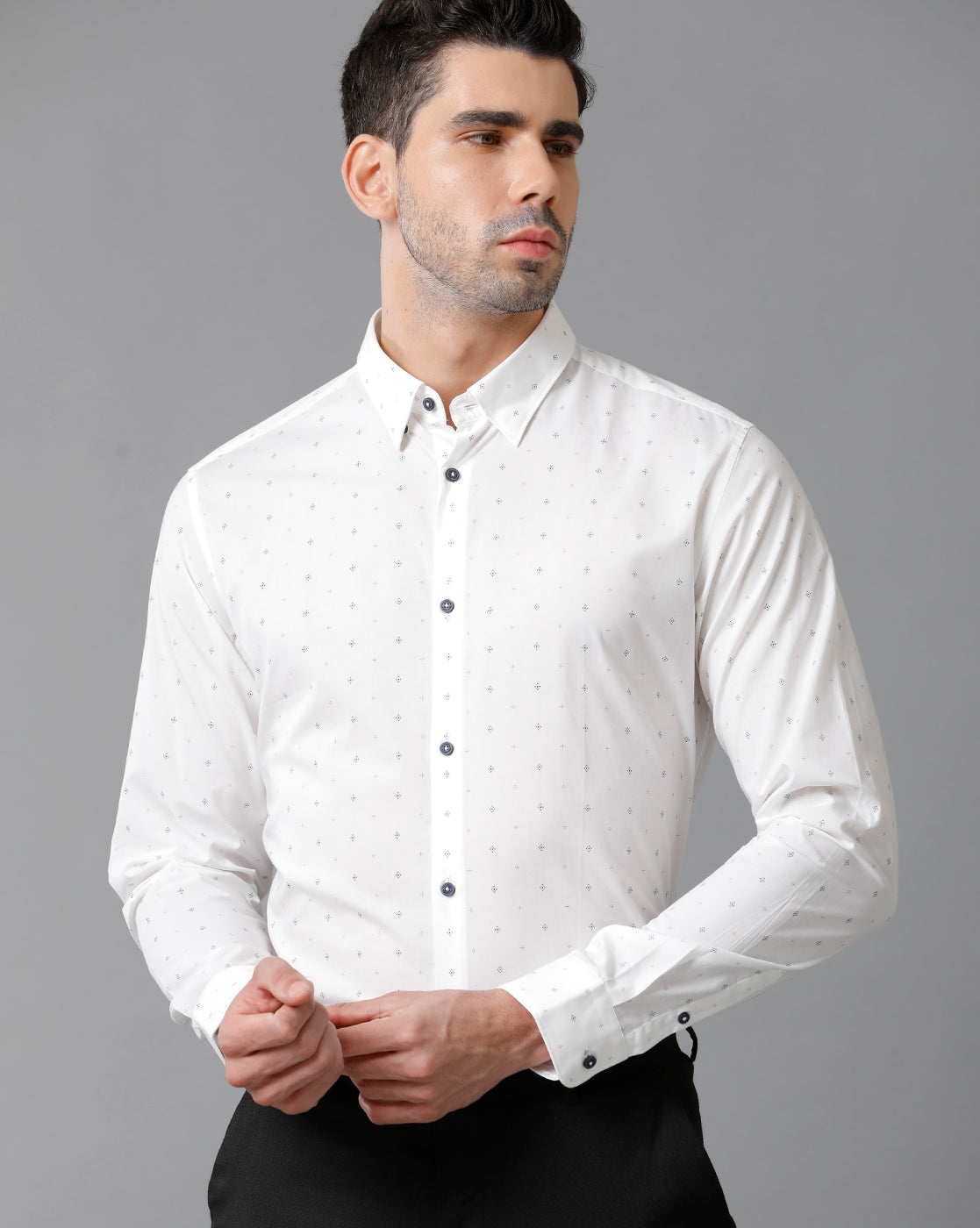 Short Collar Cotton Micro Printed White Printed Shirt