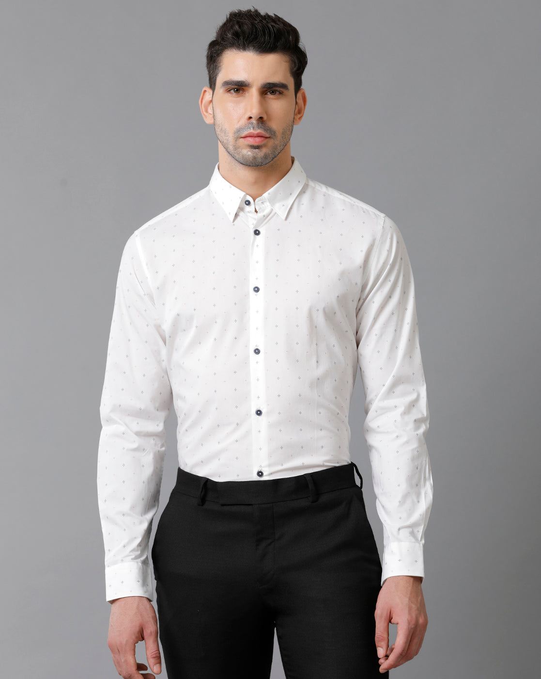 Short Collar Cotton Micro Printed White Printed Shirt