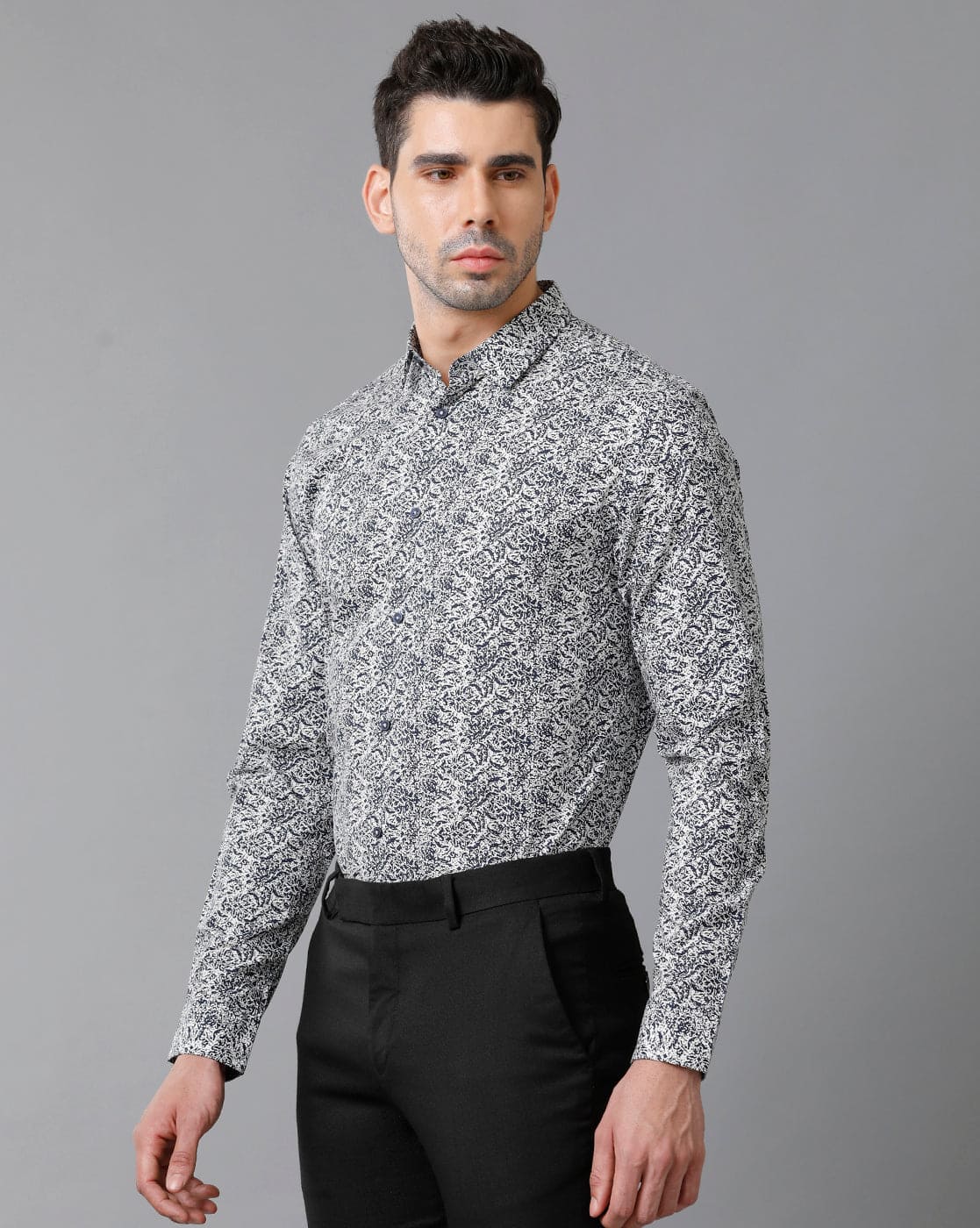 Short Collar Cotton Printed Navy Shirt