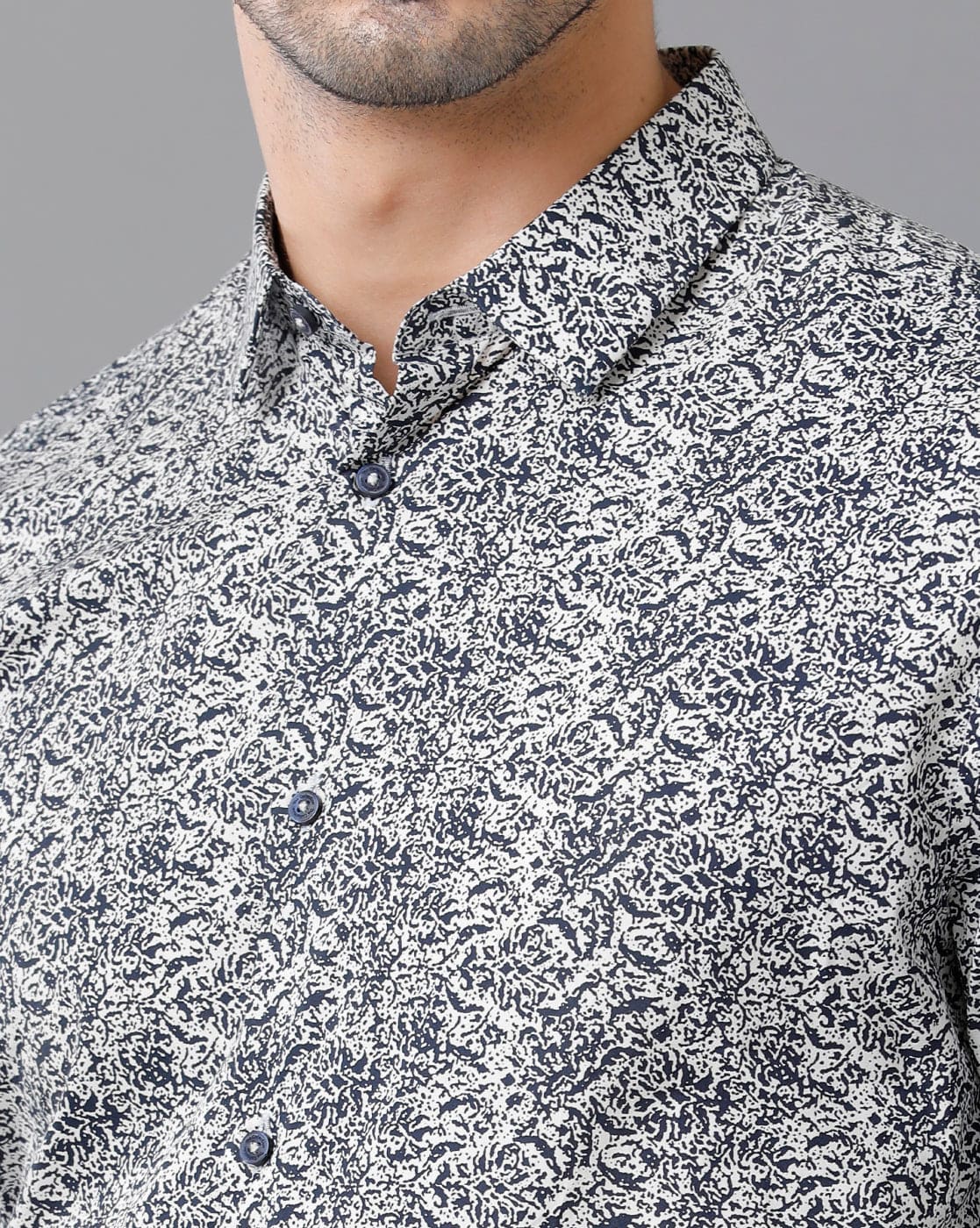 Short Collar Cotton Printed Navy Shirt