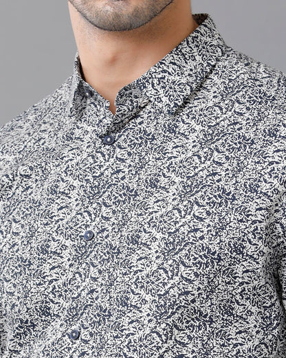 Short Collar Cotton Printed Navy Shirt