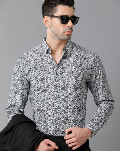 Short Collar Cotton Printed Navy Shirt