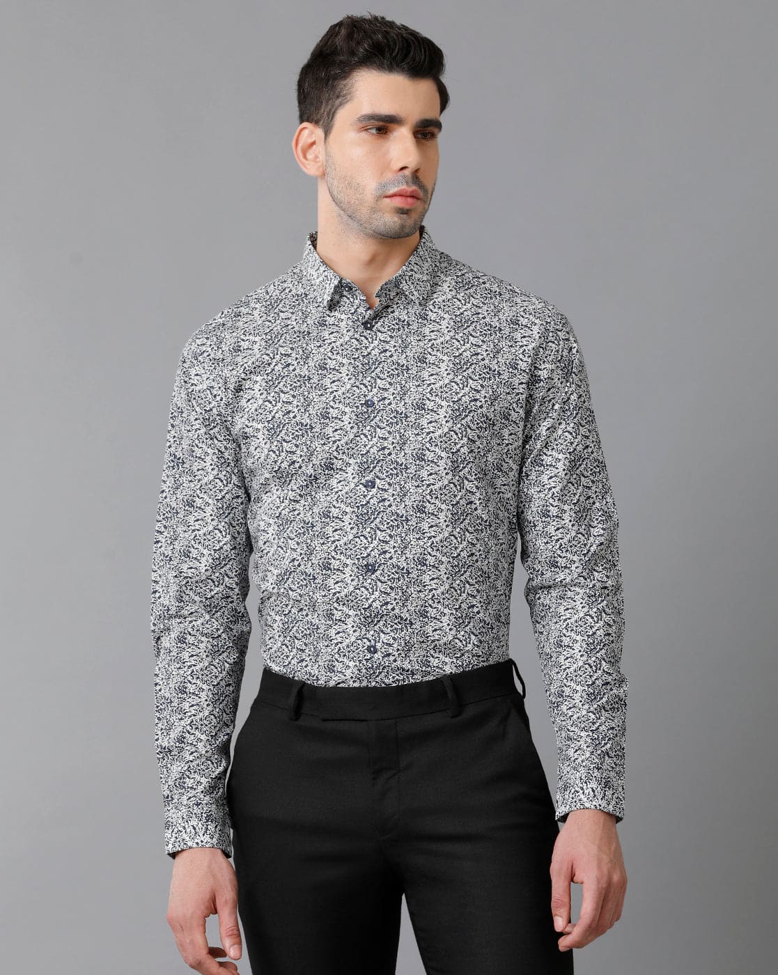 Short Collar Cotton Printed Navy Shirt