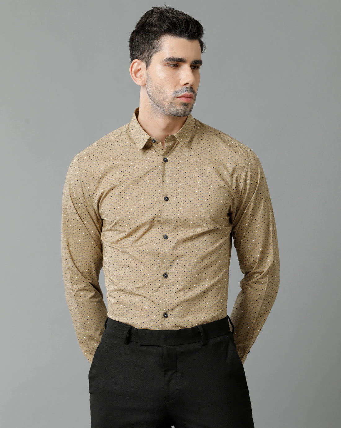 Short Collar Cotton Micro Printed Khaki Shirt