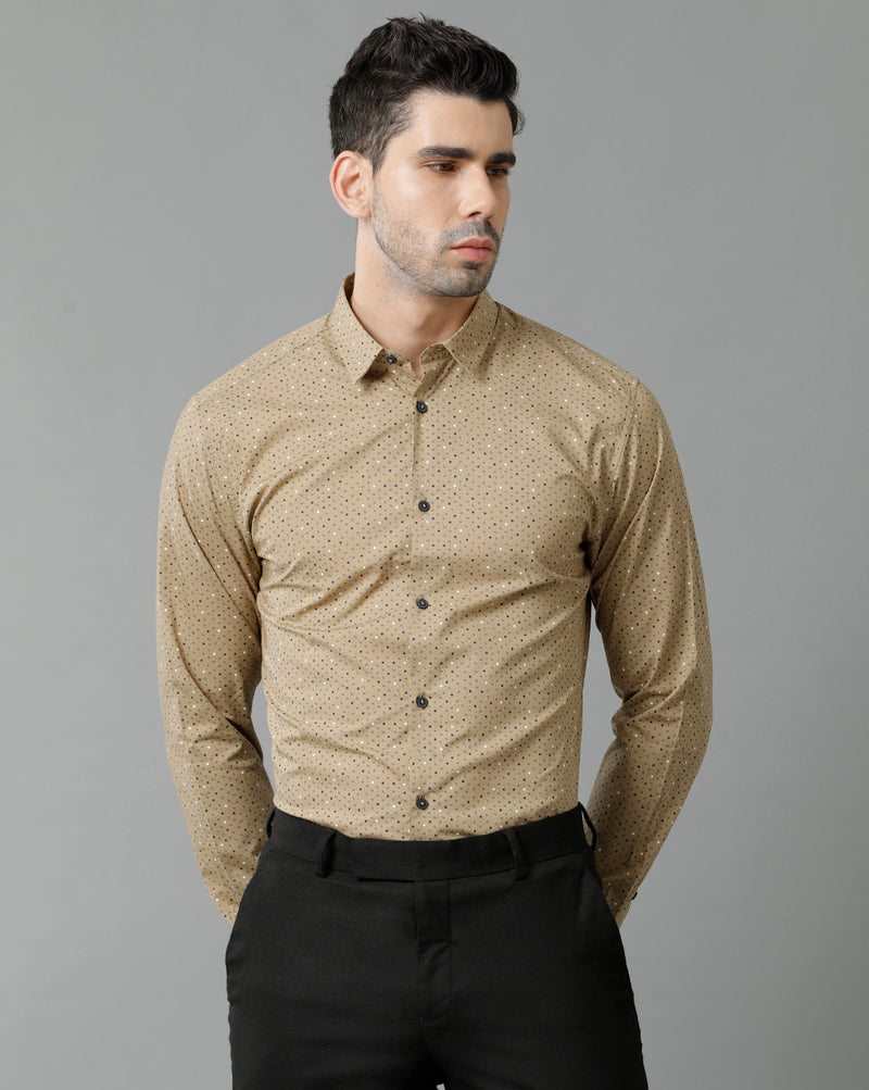 Short Collar Cotton Micro Printed Khaki Shirt