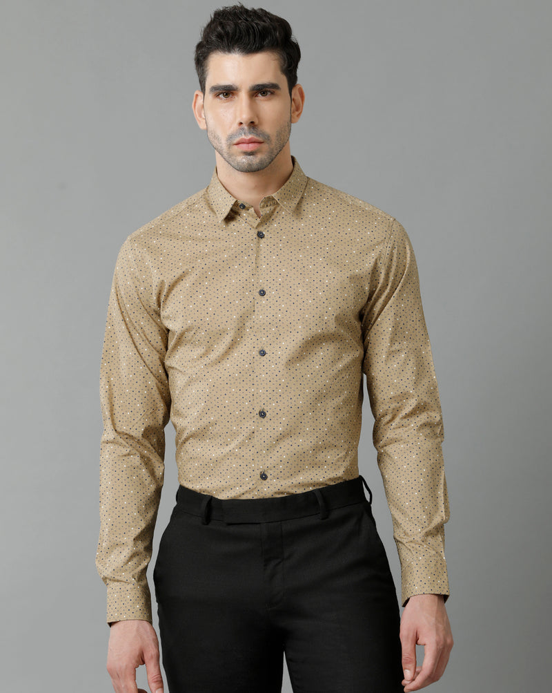 Short Collar Cotton Micro Printed Khaki Shirt