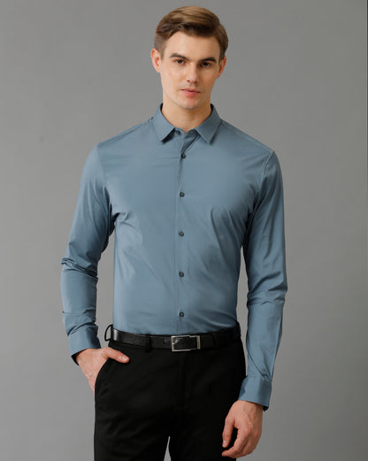 Short Collar Satin Stretch Blue Mirage Solid Shirt