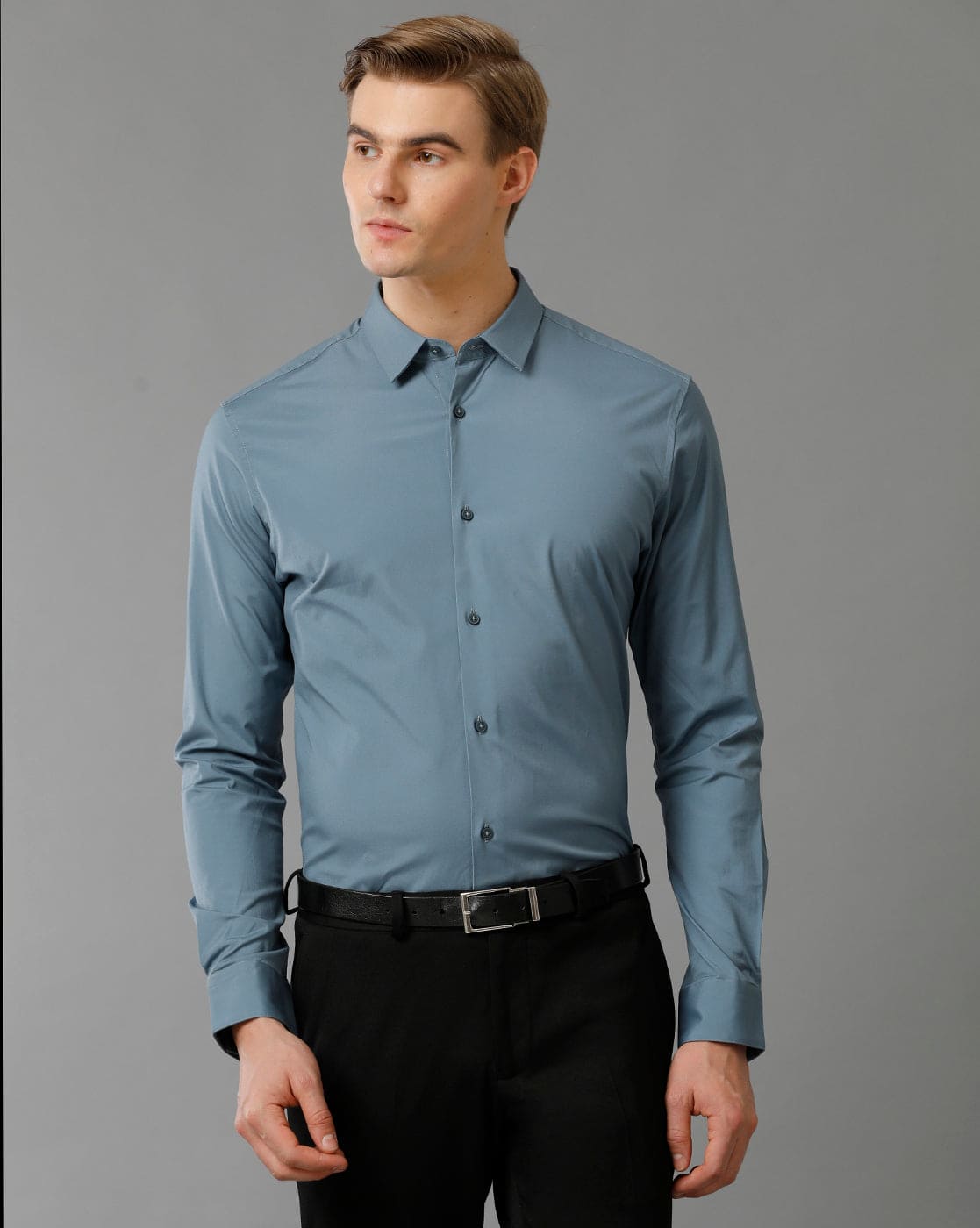 Short Collar Satin Stretch Blue Mirage Solid Shirt