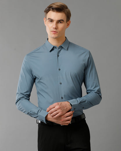 Short Collar Satin Stretch Blue Mirage Solid Shirt