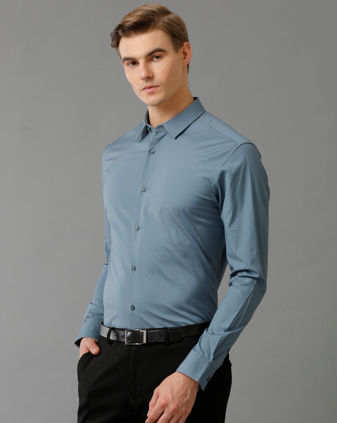 Short Collar Satin Stretch Blue Mirage Solid Shirt