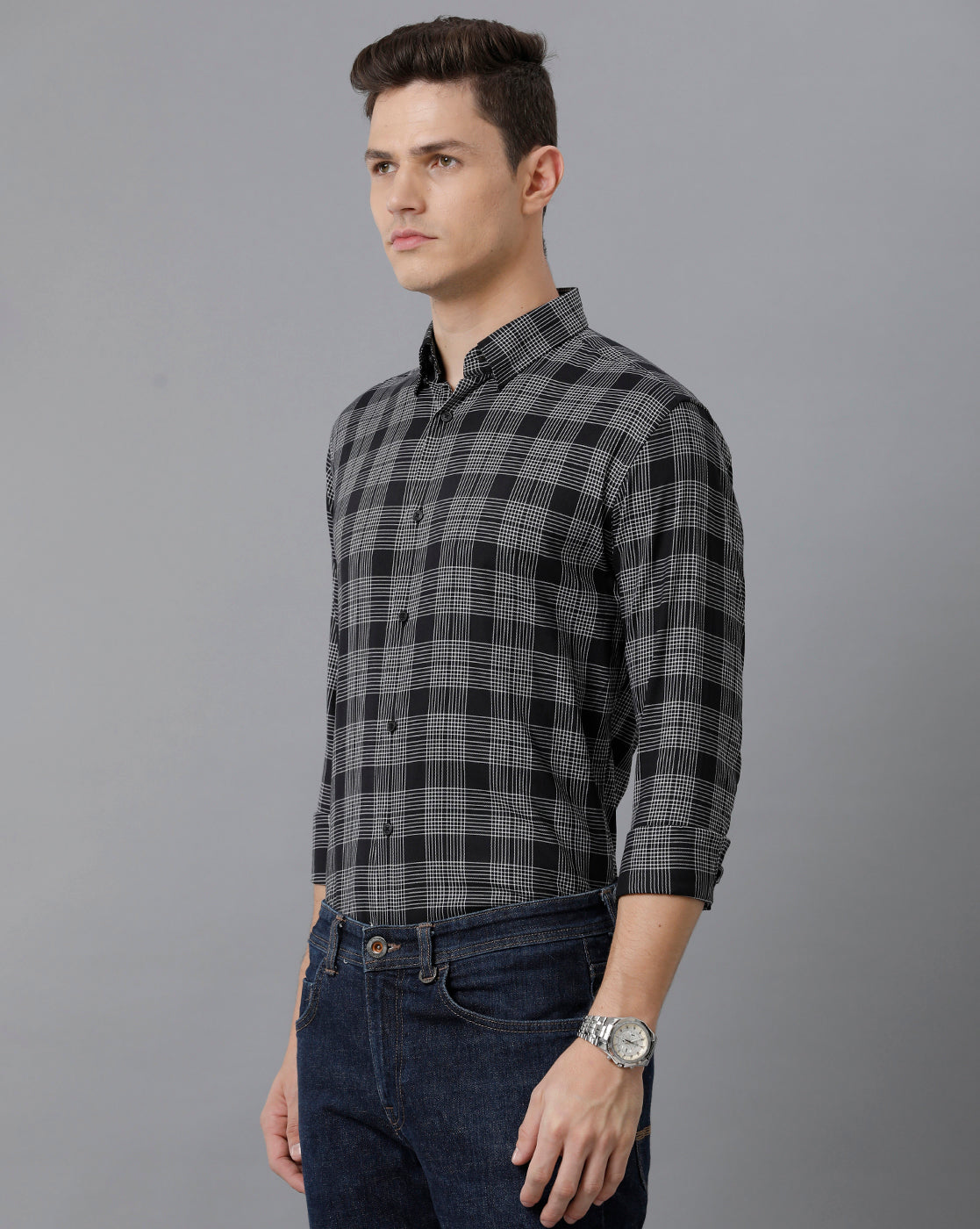 Short Collar Cotton Checkered Black Checks Shirt