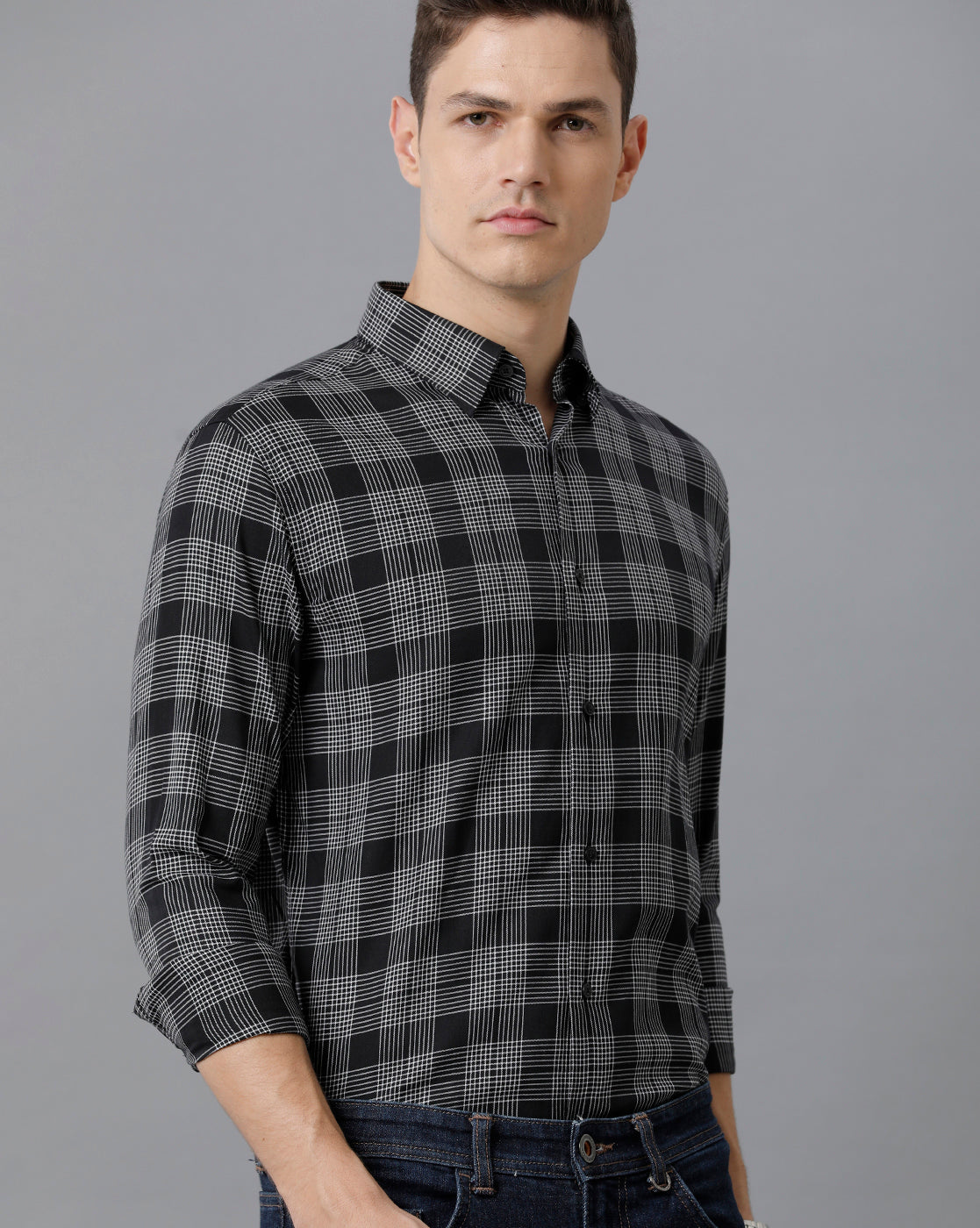 Short Collar Cotton Checkered Black Checks Shirt