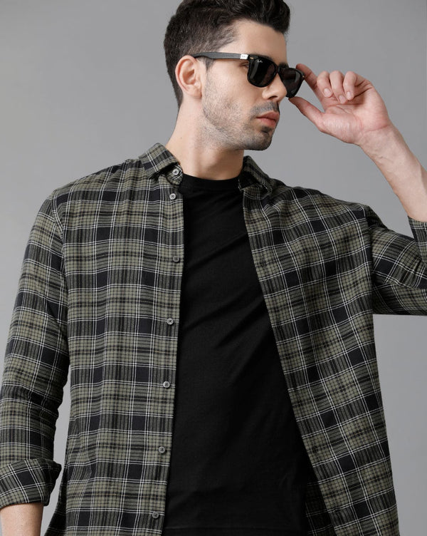 Short Collar Cotton Checkered Green Shirt