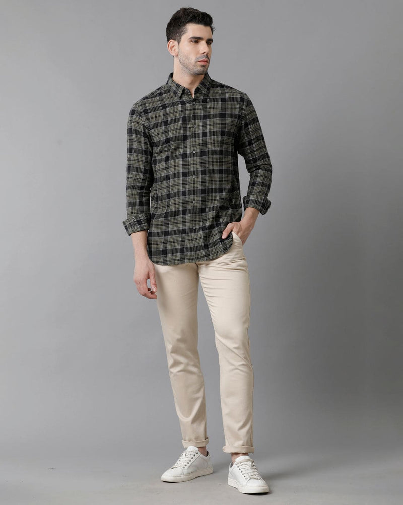 Short Collar Cotton Checkered Green Shirt