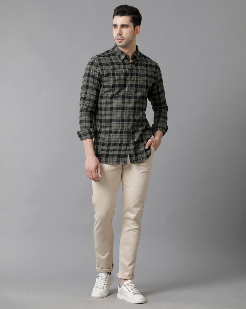 Short Collar Cotton Checkered Green Shirt