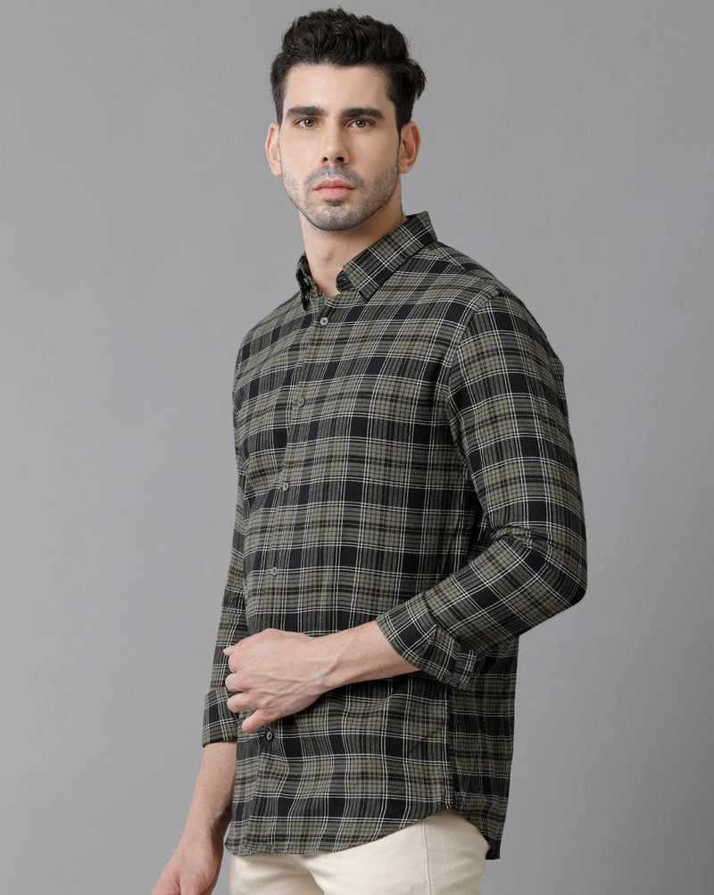 Short Collar Cotton Checkered Green Shirt