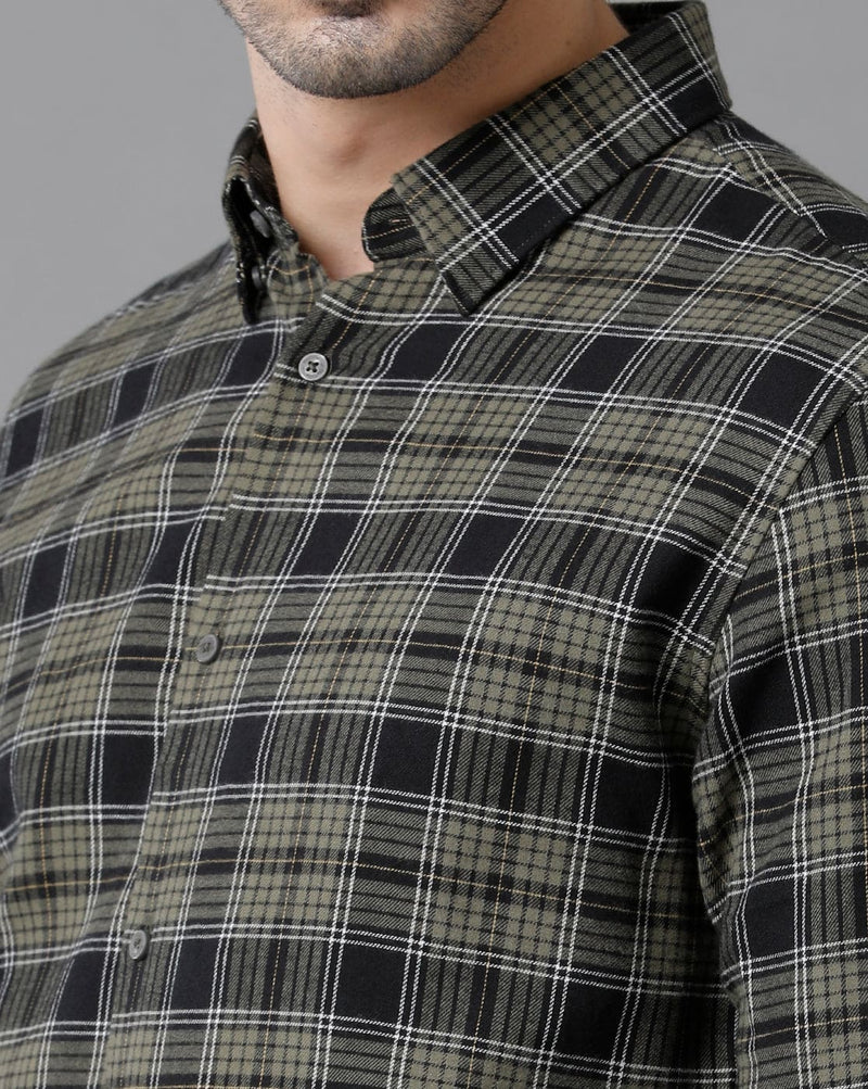 Short Collar Cotton Checkered Green Shirt