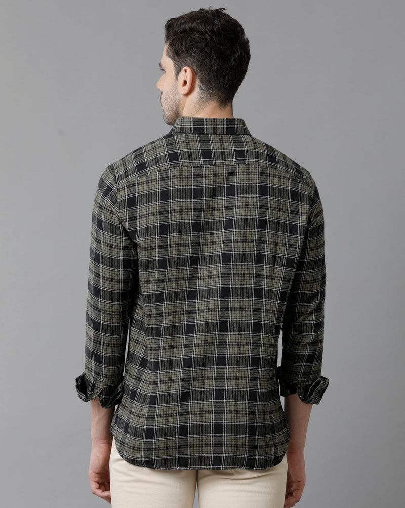 Short Collar Cotton Checkered Green Shirt
