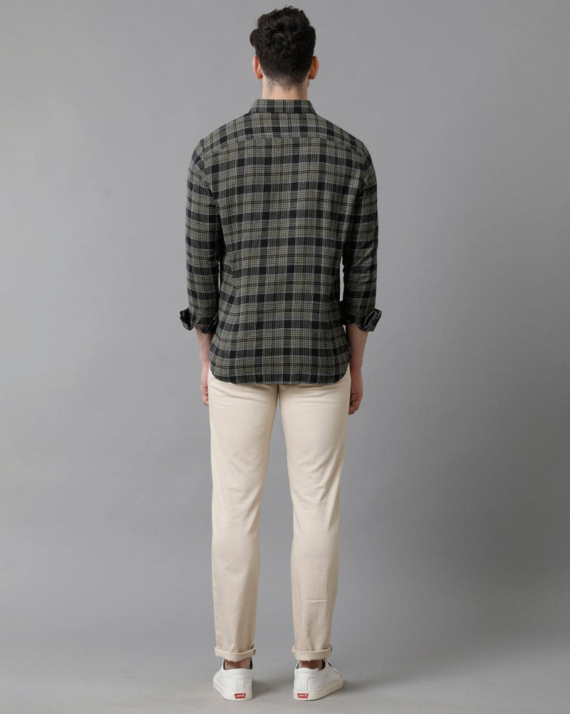 Short Collar Cotton Checkered Green Shirt