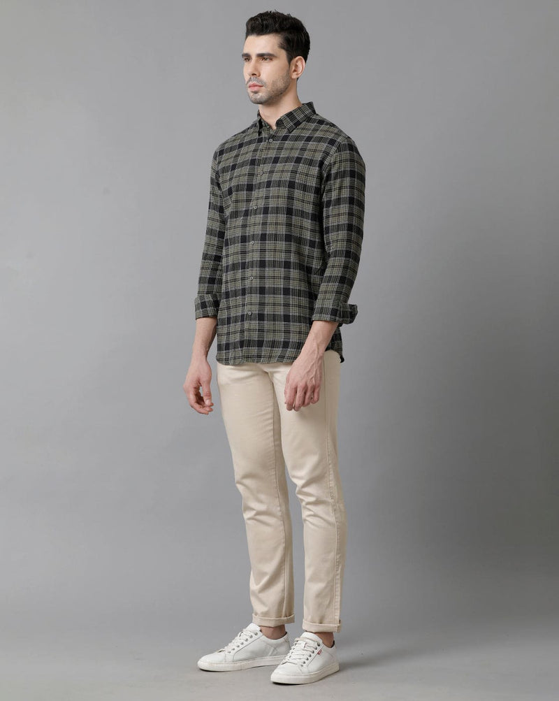 Short Collar Cotton Checkered Green Shirt