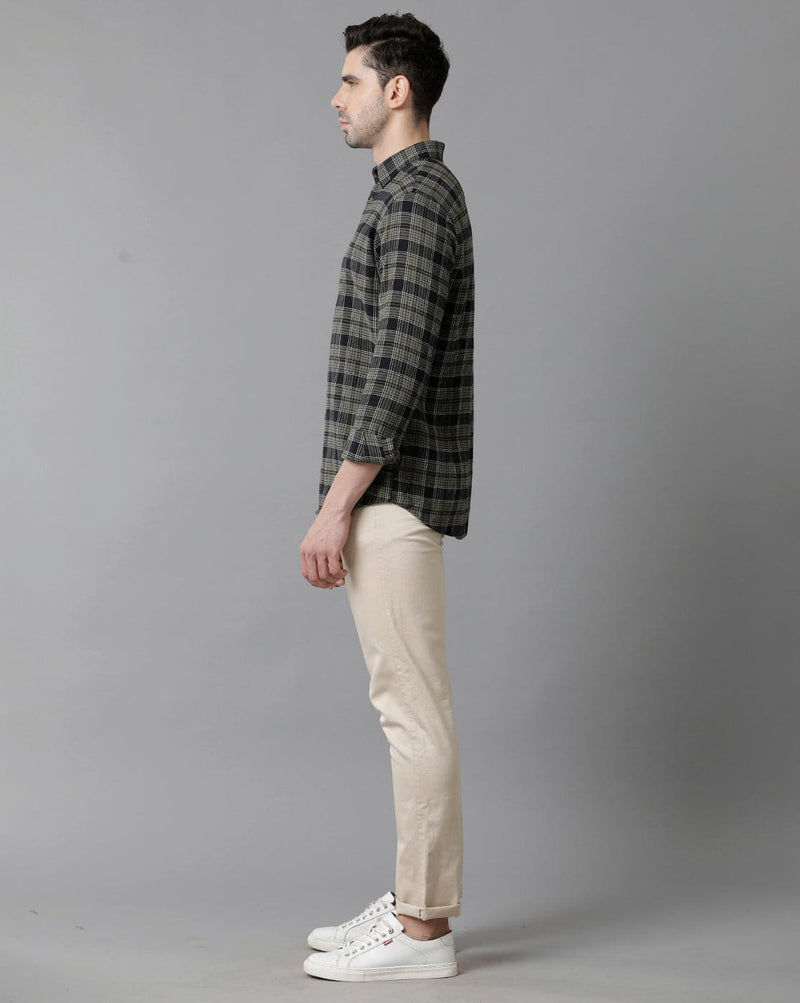 Short Collar Cotton Checkered Green Shirt