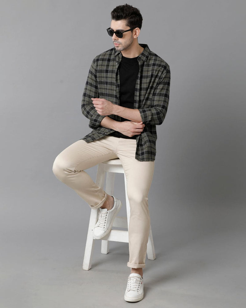 Short Collar Cotton Checkered Green Shirt