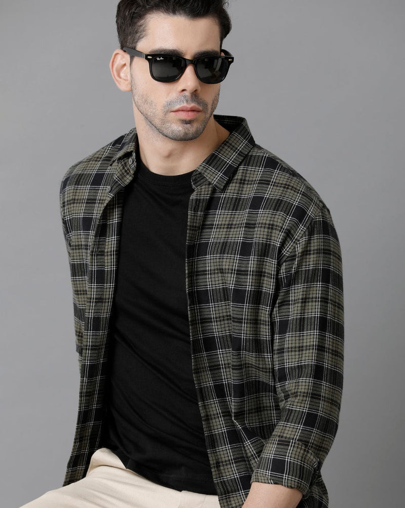 Short Collar Cotton Checkered Green Shirt
