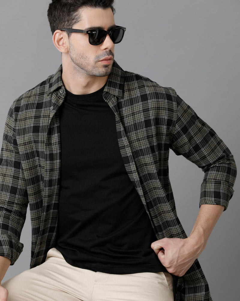 Short Collar Cotton Checkered Green Shirt