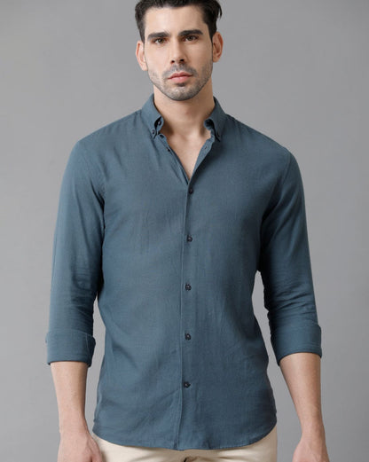 Short Collar Satin Stretch Dark Blue Solid Shirt