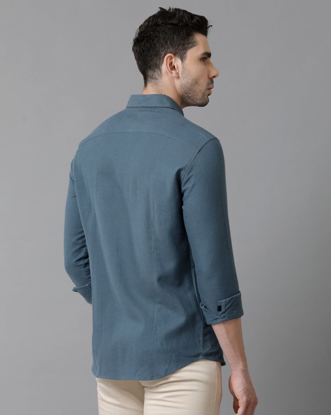 Short Collar Satin Stretch Dark Blue Solid Shirt