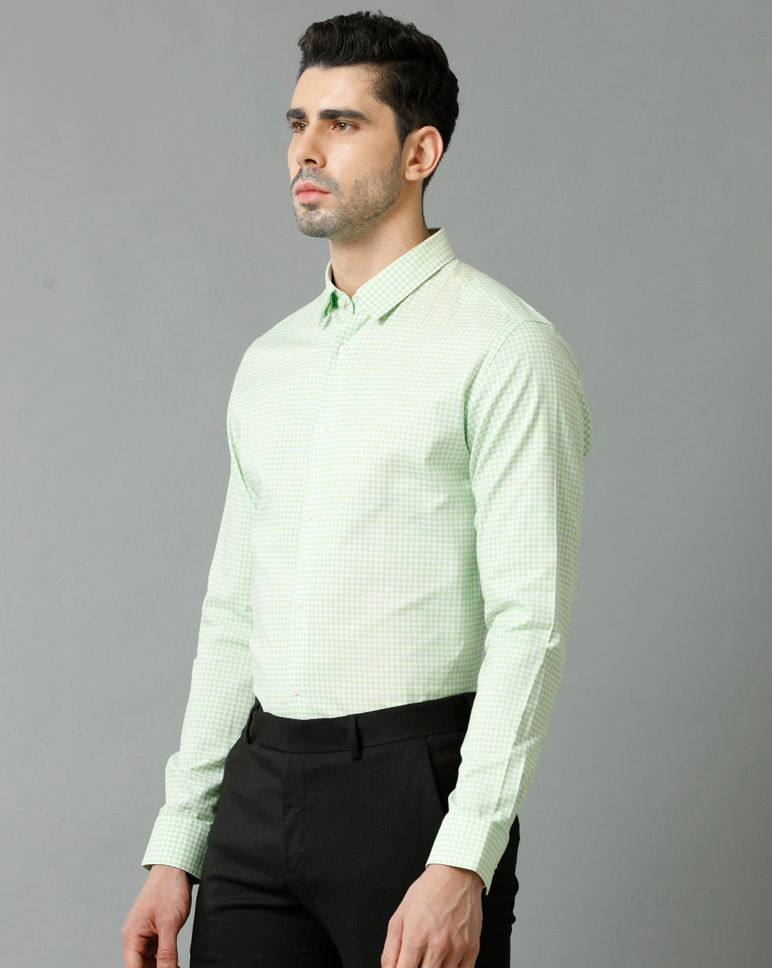 Short Collar Cotton Checkered Green Shirt