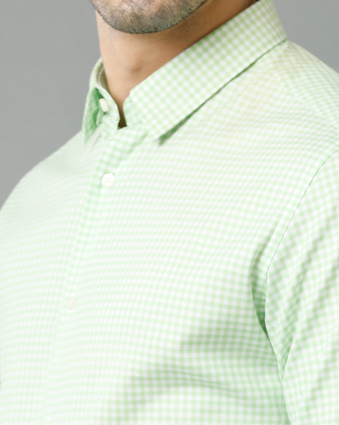 Short Collar Cotton Checkered Green Shirt