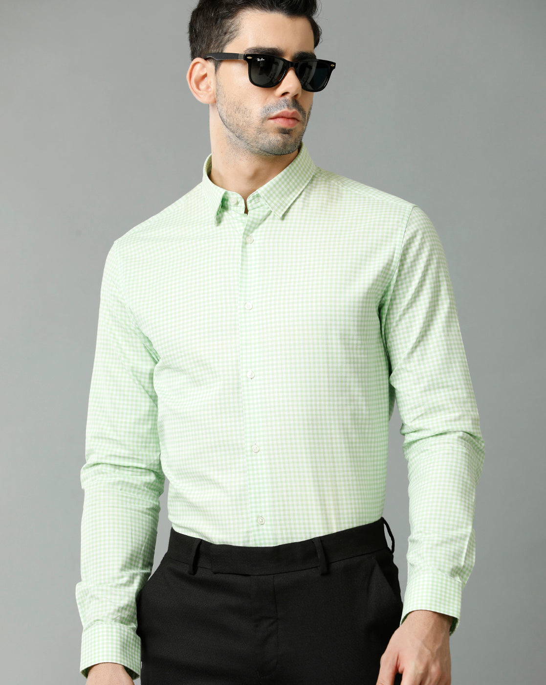 Short Collar Cotton Checkered Green Shirt