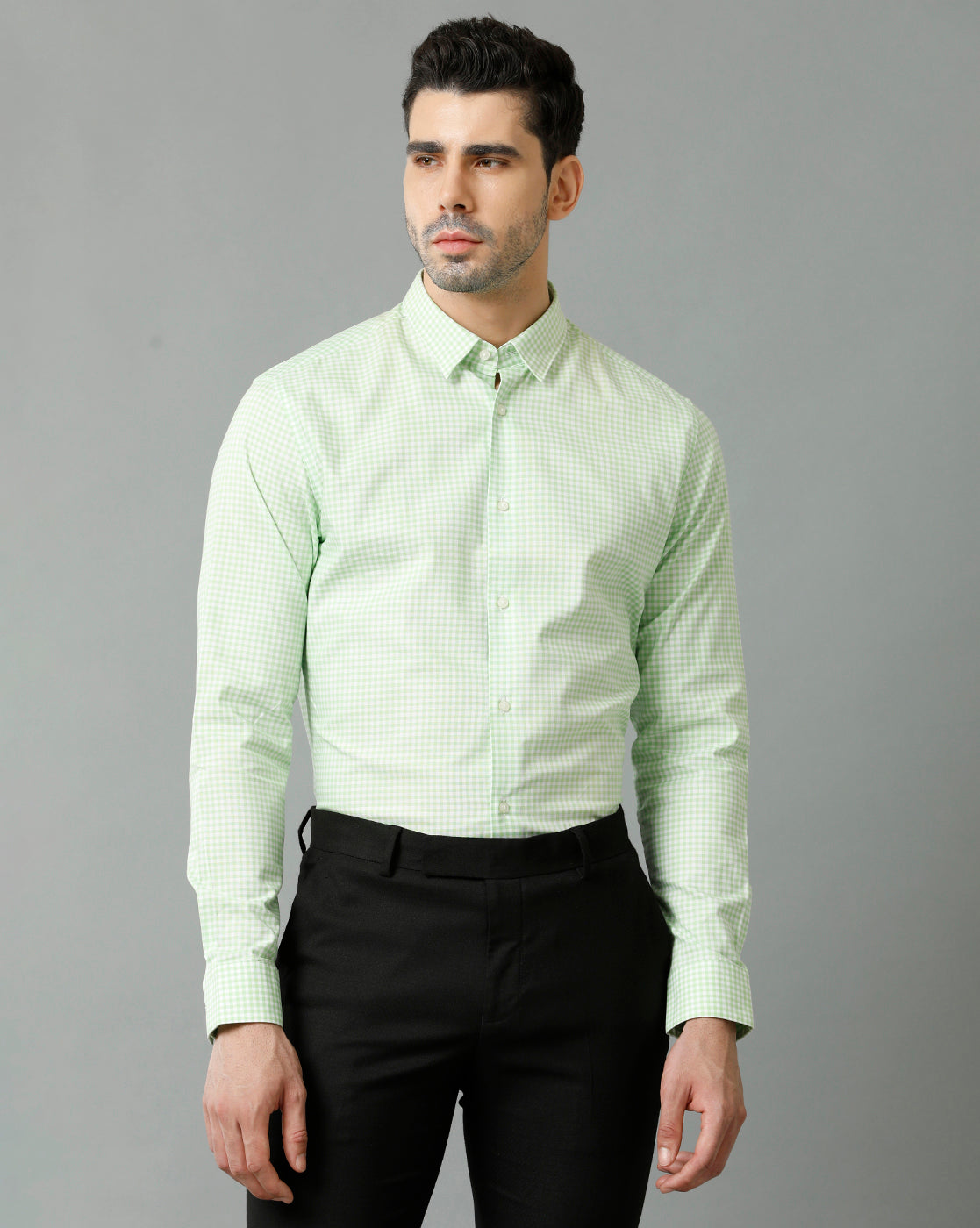 Short Collar Cotton Checkered Green Shirt